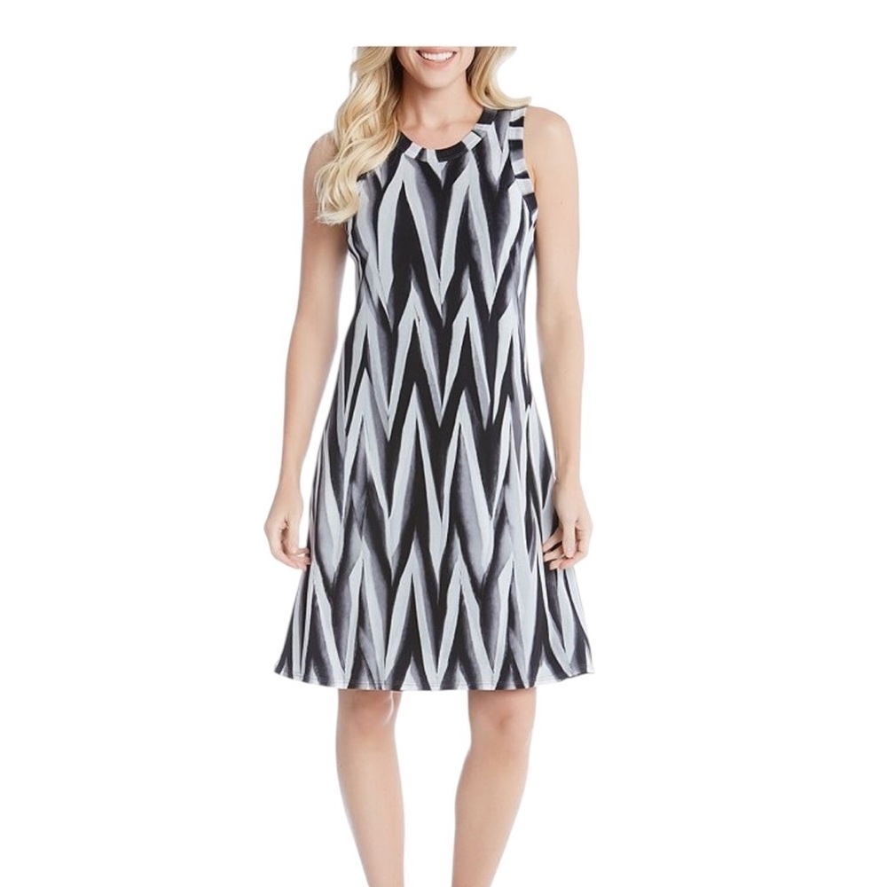 Karen Kane Black and White geometric design Halter A-line Midi Dress.